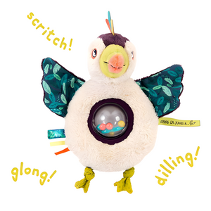 Plush toy with colorful wings and text on a white background