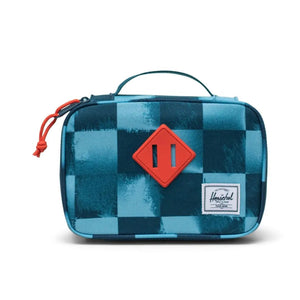 Blue checkered toiletry bag with a red logo on a white background