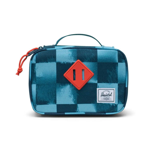 Blue checkered toiletry bag with a red logo on a white background