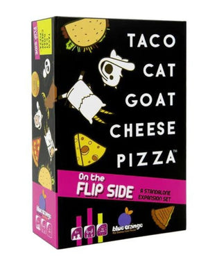 Board game expansion set packaging for 'Taco Cat Goat Cheese Pizza' with colorful graphics on a black background.