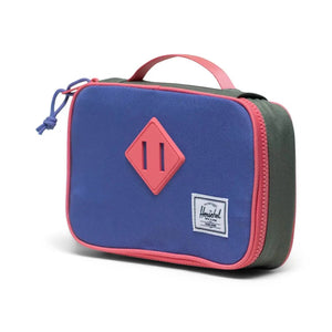 Blue and red pouch with a pink diamond logo on a white background