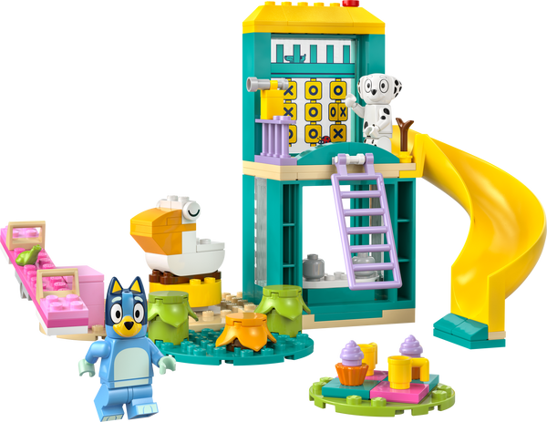 Children's toy set with a tower, slide, and characters on a white background
