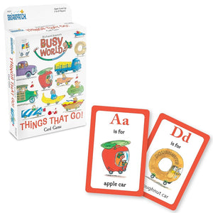 Busy World 'Things That Go!' card game packaging with two playing cards showing alphabet and vehicle illustrations.