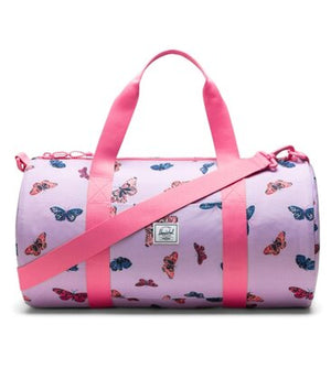 Duffel bag with butterfly pattern and pink straps on a white background