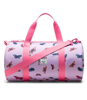 Duffel bag with butterfly pattern and pink straps on a white background