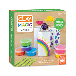 Clay Magic Vases kit packaging with colorful vases and clay containers on a wooden background