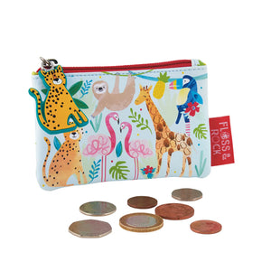 Colorful coin purse with animal illustrations and coins on a white background