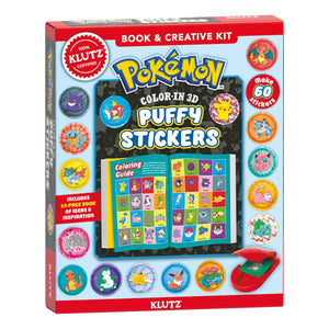 Pokémon Color-in 3D Puffy Stickers book & creative kit packaging with colorful stickers and Klutz branding.