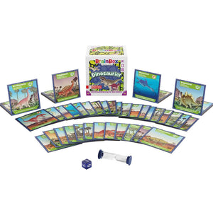 Dinosaur-themed educational game set with cards, dice, and timer on a white background