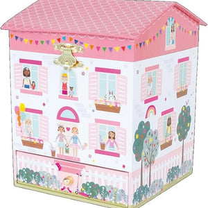 Dollhouse-shaped storage unit with colorful illustrations on a white background