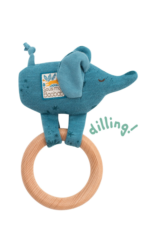 Moulin Roty Sous Mon Baobab Wood Elephant Ring Rattle