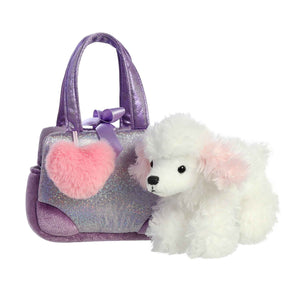 White fluffy dog toy with a purple glittery handbag featuring pink heart and bow on a white background