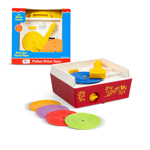 Fisher-Price record player toy with colorful records and packaging on a white background