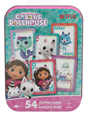 Collection of playing card sets in colorful tins with various characters on a white background