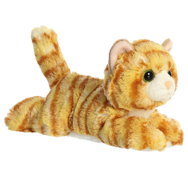 Plush toy cat with orange and white stripes on a white background