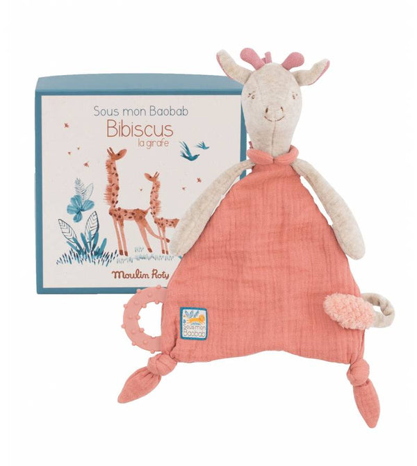 Moulin Roty | Sous Mon Baobab Bibiscus Giraffe Cuddle Toy with Pacifier Ring