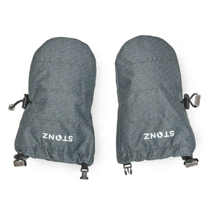 Pair of gray mittens with STONZ logo on a white background
