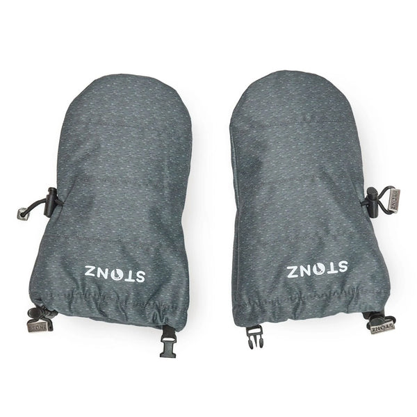 Pair of gray mittens with STONZ logo on a white background