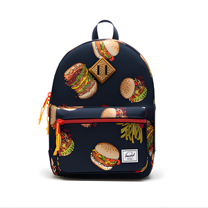 Backpack with fast food-themed design on a white background