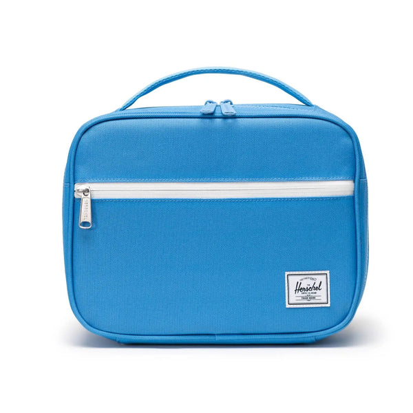 Blue toiletry bag with a white zipper on a white background