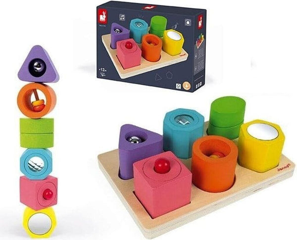 Johanni wooden shape sorting toy set with colorful geometric blocks and a wooden base, shown alongside its dark retail box on a white background.