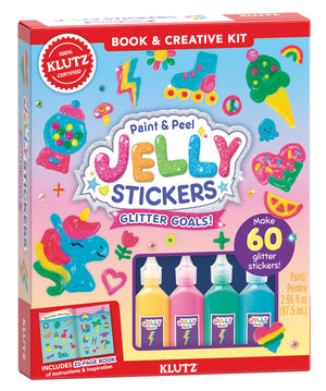 A product packaging for Klutz Paint and Peel Glitter Jelly Stickers, featuring images of colorful stickers and paint bottles.