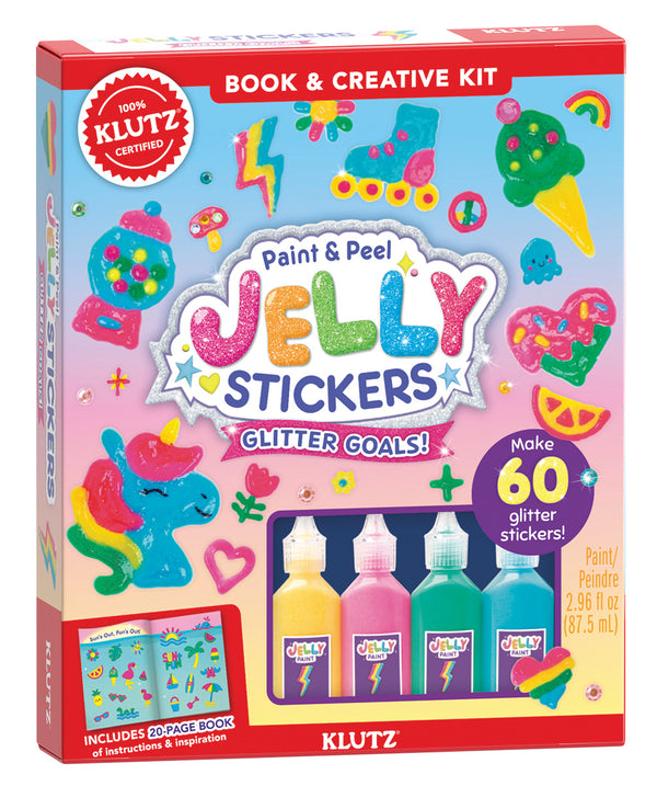 A product packaging for Klutz Paint and Peel Glitter Jelly Stickers, featuring images of colorful stickers and paint bottles.
