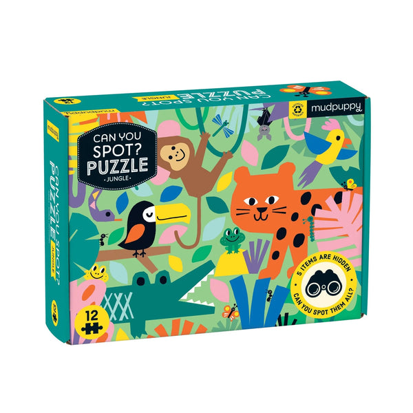 Mudpuppy 'Can You Spot?' Jungle puzzle box with colorful illustrations of animals on a white background