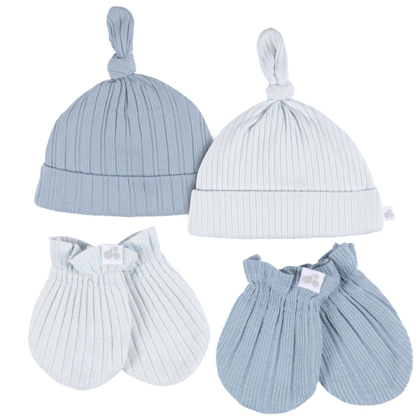 Just Born | Hat and Mittens 4 Piece Set | Blue 0-6 Months