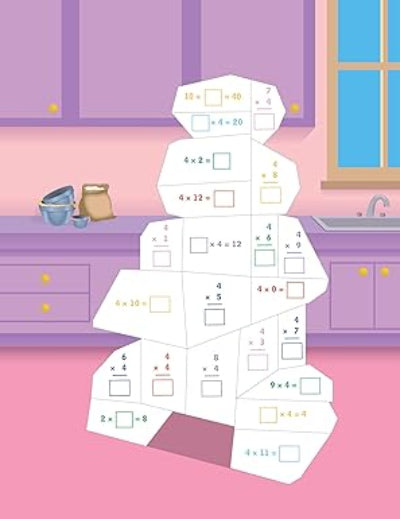 Educational math worksheet with multiplication problems on a kitchen-themed background