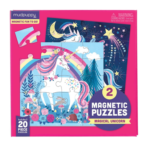 Mudpuppy magical unicorn magnetic puzzles packaging with pink border