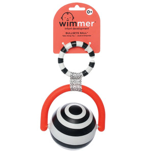 Black and white striped baby teething ball with red handle on a white background, featuring Wimmer branding.