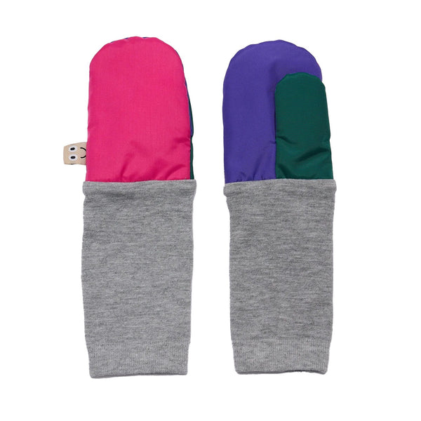 Two colorful mittens with gray cuffs on a white background
