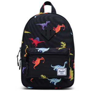 Black backpack with colorful dinosaur pattern on a white background