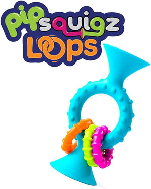Toy with colorful loops and blue base on a white background, featuring 'Pipsquigz' branding.