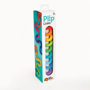 Packaging of Plip Links toy featuring a series of colorful, circular links arranged vertically in a transparent tube with a blue and green cardboard design.