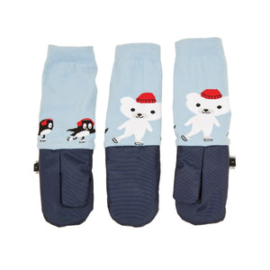 Pair of mittens with cartoon characters on a beige background