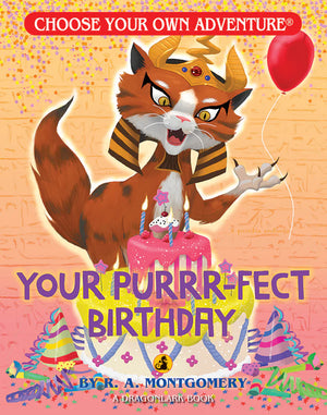 Book cover of 'Your Purrrr-fect Birthday' from 'Choose Your Own Adventure' series with a cartoon cat and birthday cake.