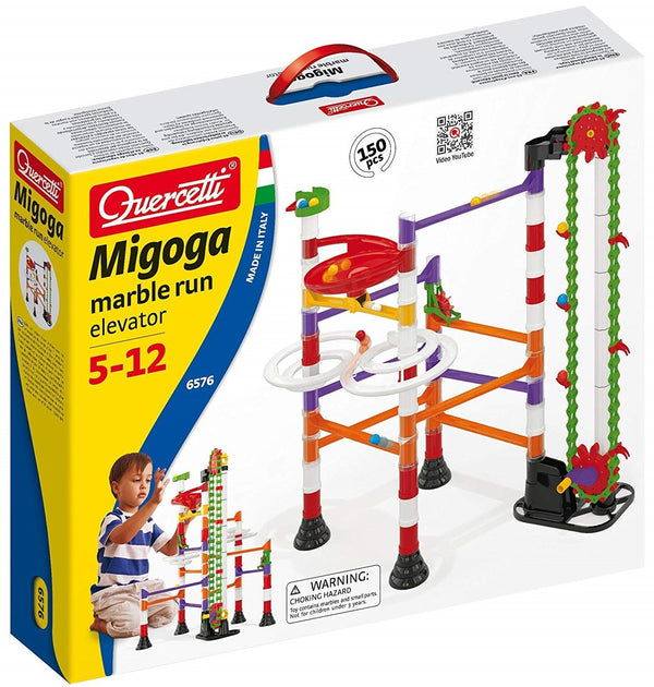 Quercetti Migoga marble run elevator toy set packaging with colorful marble run structure.