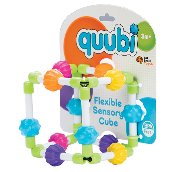 A colorful Quubi Flexible Sensory Toy designed for infants and toddlers, featuring a cube with silicone buttons in various colors.