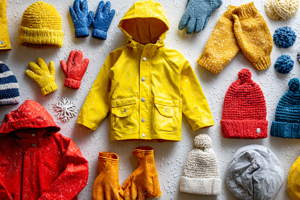 Collection of colorful children's rain and winter clothing including jackets, hats, and gloves on a light background.