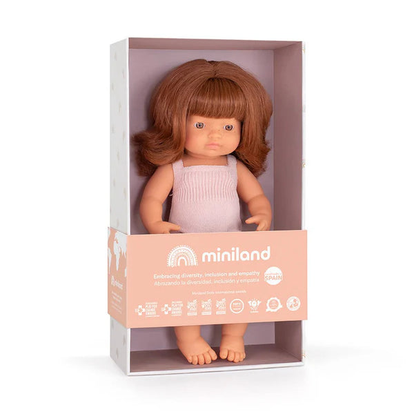Miniland Colourful Doll Caucasian Redhead Girl 15" in Pink Romper