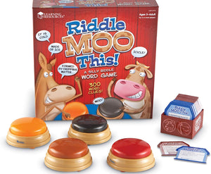 The image shows the 'Riddle MOO This!' board game set, including a box with a cow and a horse on the front, and three circular buzzers in red, black, and gold colors, along with double-sided cards.