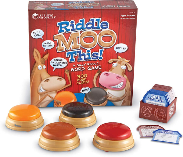 The image shows the 'Riddle MOO This!' board game set, including a box with a cow and a horse on the front, and three circular buzzers in red, black, and gold colors, along with double-sided cards.