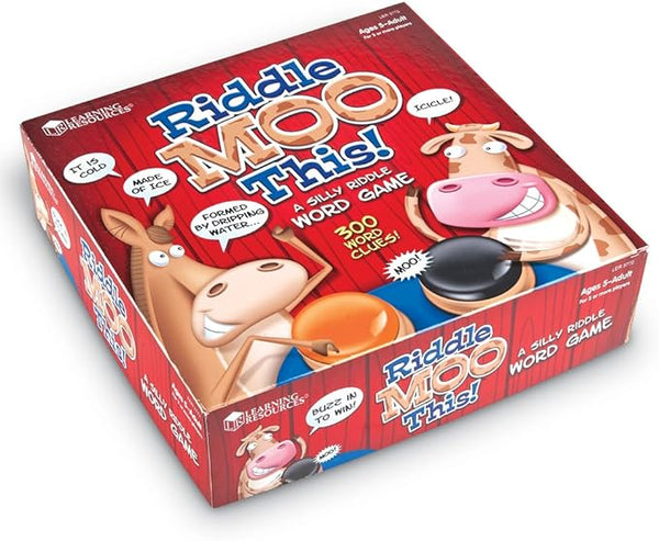 Box of 'Riddle Moo This!' word game with cartoon cow illustrations on a white background