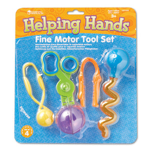 Packaged 'Helping Hands' fine motor tool set with colorful tools on a blue and orange background.