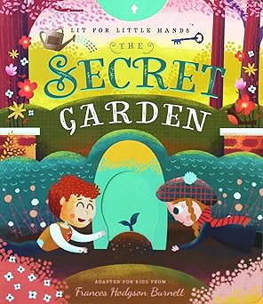 Book cover of 'The Secret Garden' with colorful illustration of children and garden.