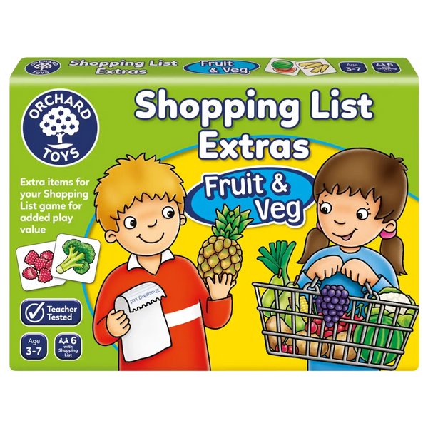Packaging for Orchard Toys Shopping List Extras game, featuring illustrations of children and a shopping list with fruit and vegetable items.