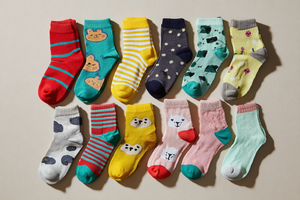 Assorted colorful children's socks with animal designs on a beige background