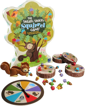 Children's board game set with a squirrel-themed packaging, spinner, and game pieces on a white background.